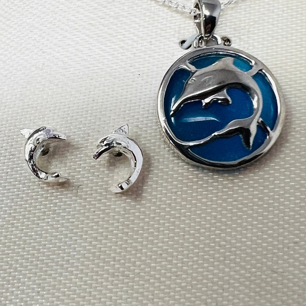 Dolphin‎ Necklace and Earrings Jewelry Set Sterling Silver Blue Enamel Nautical